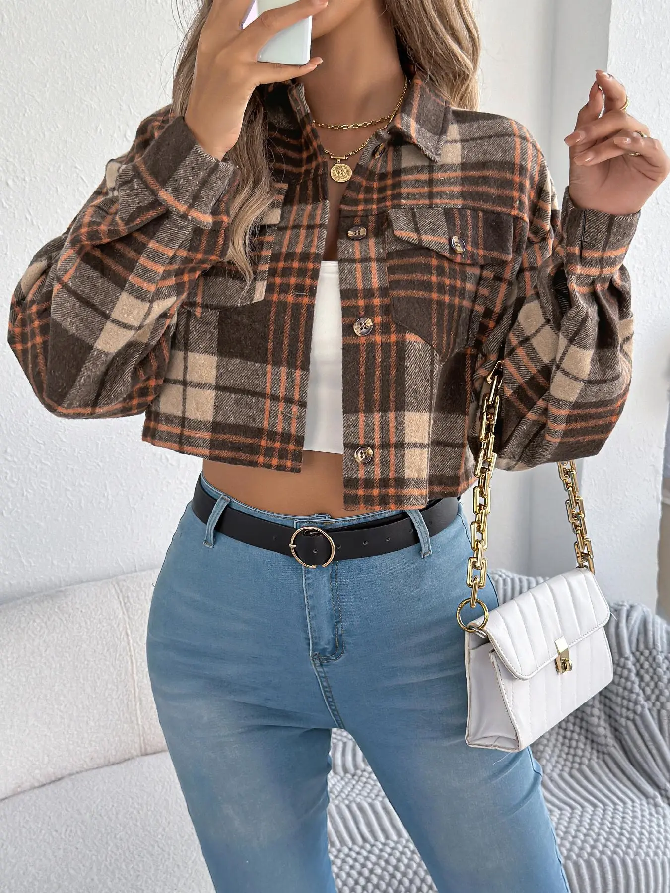 Women's Colorblock Plaid Print Button Front Crop Shirt Jacket, Casual Long Sleeve Outerwear for Fall & Winter, Ladies Clothes for Daily Wear