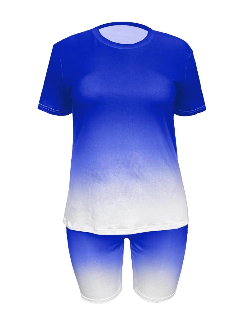 Product Introduction of 【Plus Size】 Ombre Print Tee & Shorts Two-piece Set, Casual Round Neck Short Sleeve T-shirt & Shorts, Women's Two-piece for Spring & Fall, Womenswear 9