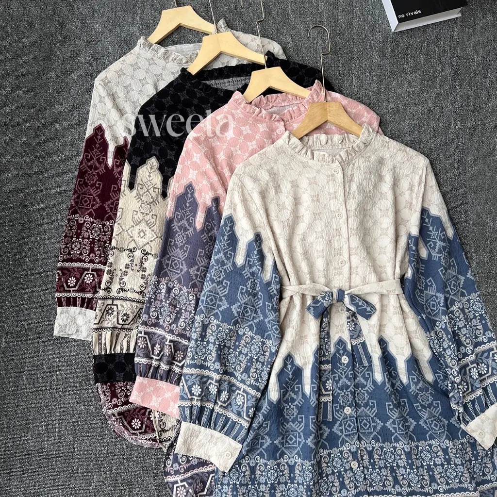 🍓COD- SWEETA | Tunik Kancing Motif Etnic | Cey Katun Unagi | LD 110 cm | Korea Style | kancing dapat dibuka | Atasan Pakaian Wanita Muslim | Tangan Karet | Crinkle Airflow