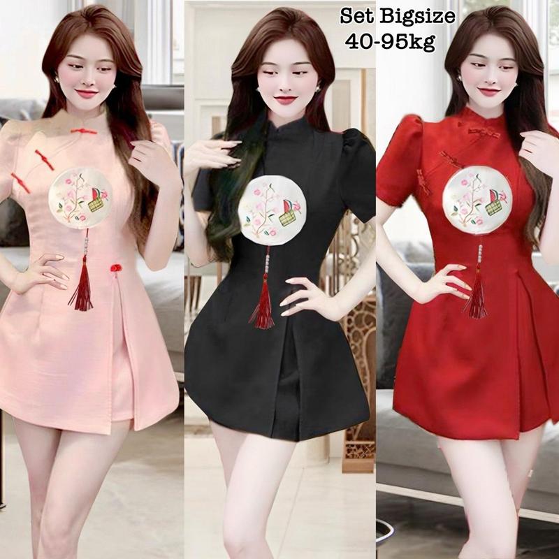 Thời Trang Bigsize HCM - Set Áo Thêu 5D Và Quần có Bo Lụa Chéo Hàn Xinh Đẹp Đón Tết Thiết Kế Thời Trang Bigsize 40-95kg Nhung Nữ Voi Nho Đen - 2157