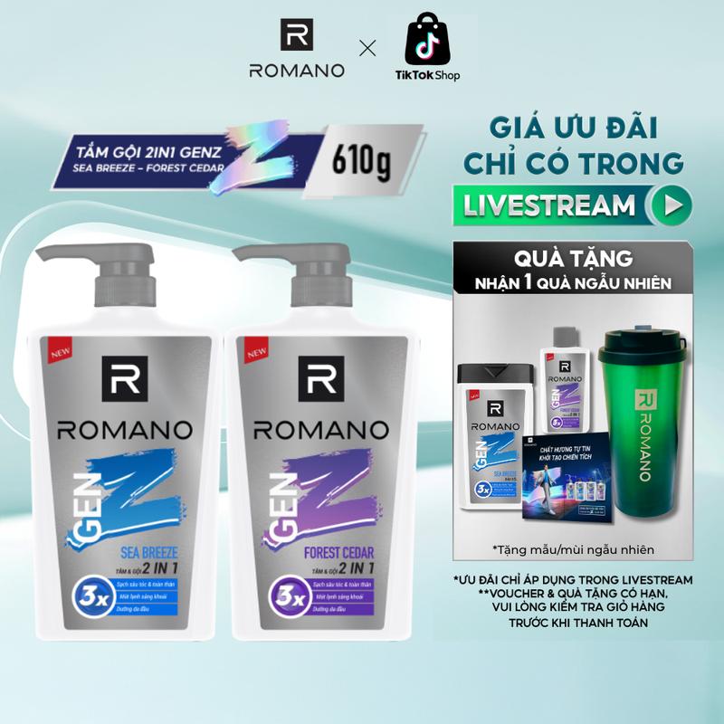 ĐỘC QUYỀN KOL Tắm Gội Dưỡng Thể cho nam Romano 2 trong 1 Gen Z Hương Forest Cedar Sea Breeze 610g chai