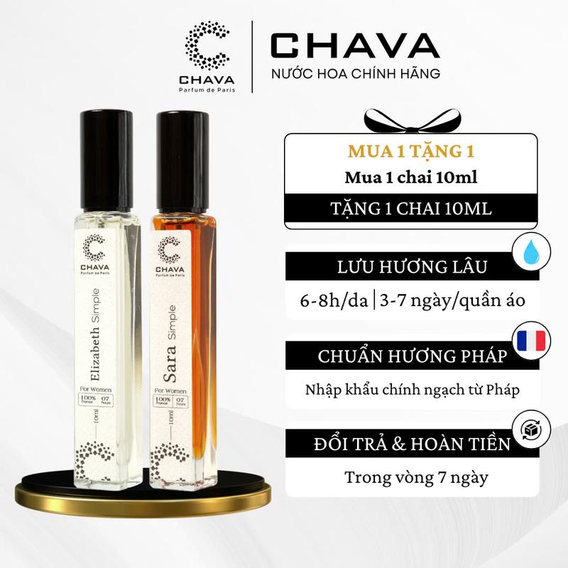 [MUA 1 TẶNG 1] Combo Nước Hoa Nữ CHAVA - Sara & Elizabeth 10ml: Hương Thơm Chuẩn Pháp, Lưu Hương 6-8H Trên Da và 3-7 Ngày Trên Quần Áo