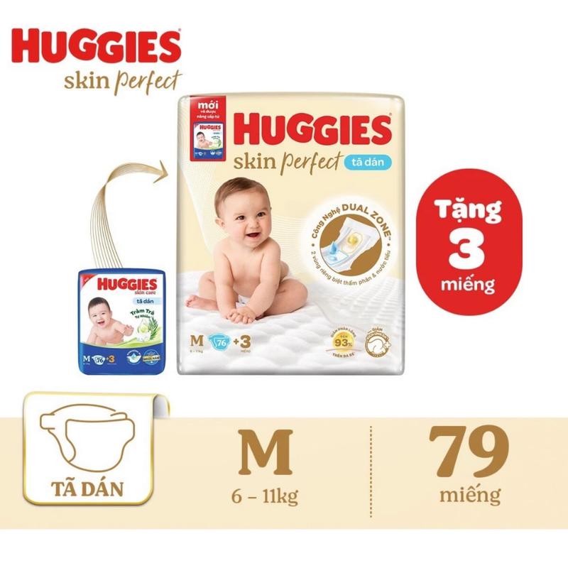 Tã dán Huggies Skincare M76+3 với hai vùng thấm giảm kích ứng da