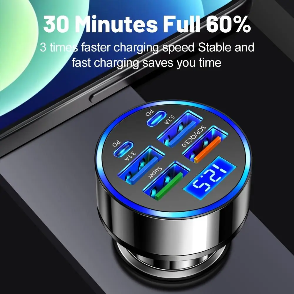 Bộ sạc ô tô, Đa cổng, 2PD và 4USB, Sạc nhanh, Tương thích với PD và QC3.0, Bộ sạc điện thoại trên ô tô USB C, Bộ Chuyển Đổi loại C, Thích hợp sử dụng trên ô tô