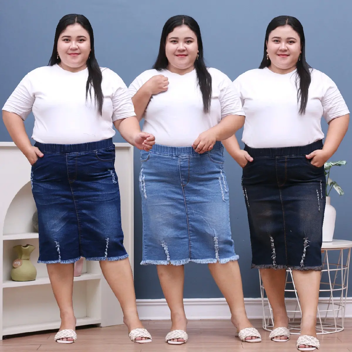 Rok Jeans Wanita Pinggang Karet Stretch Premium - Ukuran 31-43 - Span, Denim, Pendek, Panjang