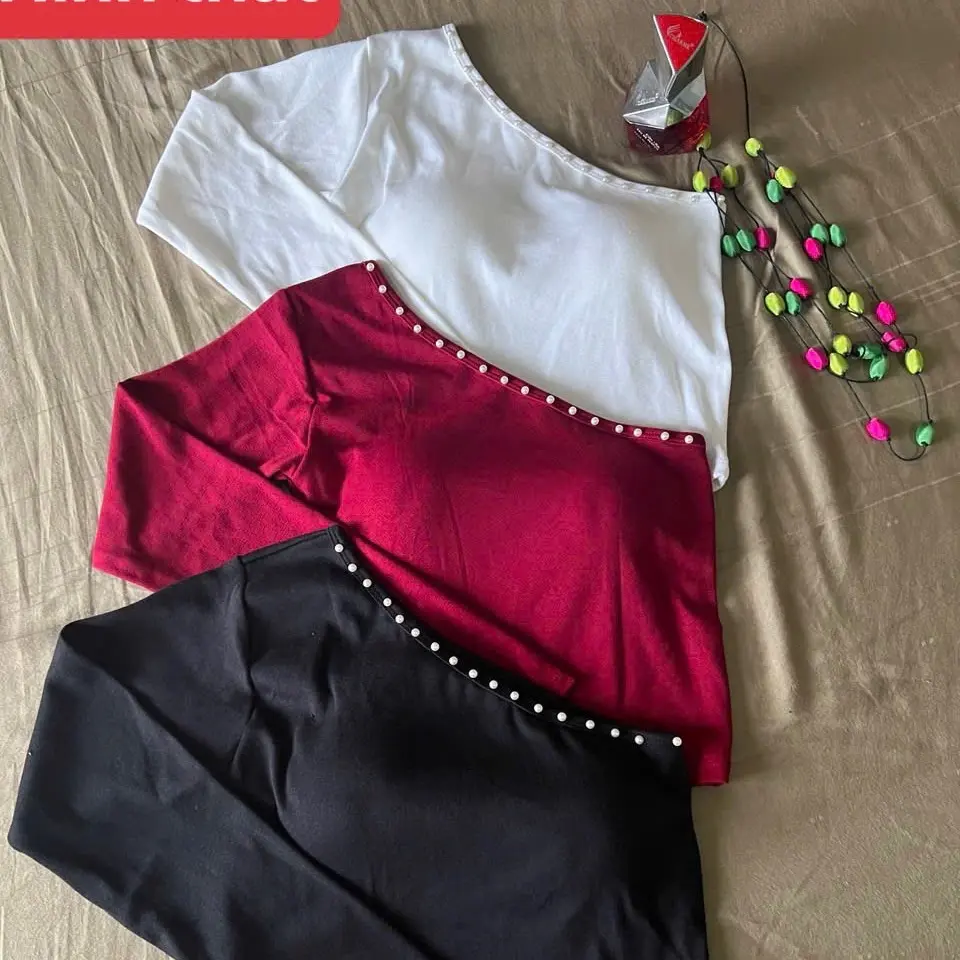 Áo Thun Kiểu Lệch Vai Dài Tay Đính Hạt Gợi Cảm Chất Borip Nữ Women Cổ Tròn Top