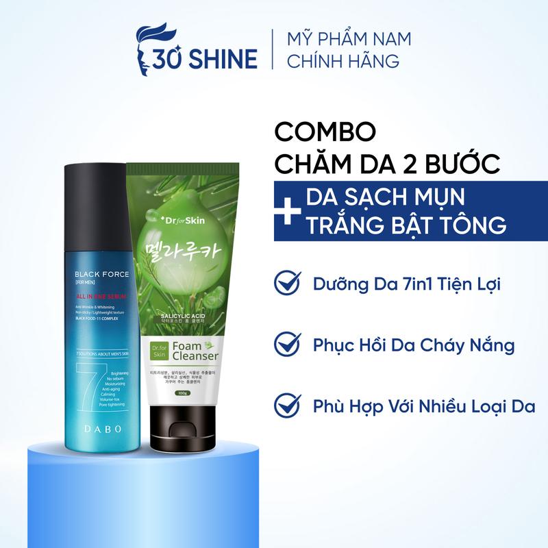 Combo Da Giảm Mụn - Tráng Sáng Bật Tone: chăm sóc da mặt làm sạch dưỡng trắng cấp ẩm giảm mụn mờ thâm dành cho Nam: Sữa rửa mặt Tràm Trà Dr.FORSKIN và Dưỡng da Dabo nam gioi