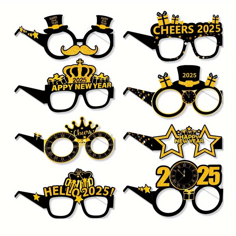 Product Introduction of 16pcs Happy New Year 2025 Photo Booth Props, Black and Golden Paper Glasses, Universal Size, New Year'S Eve Party Supplies and Decorations Accessory Masks 4