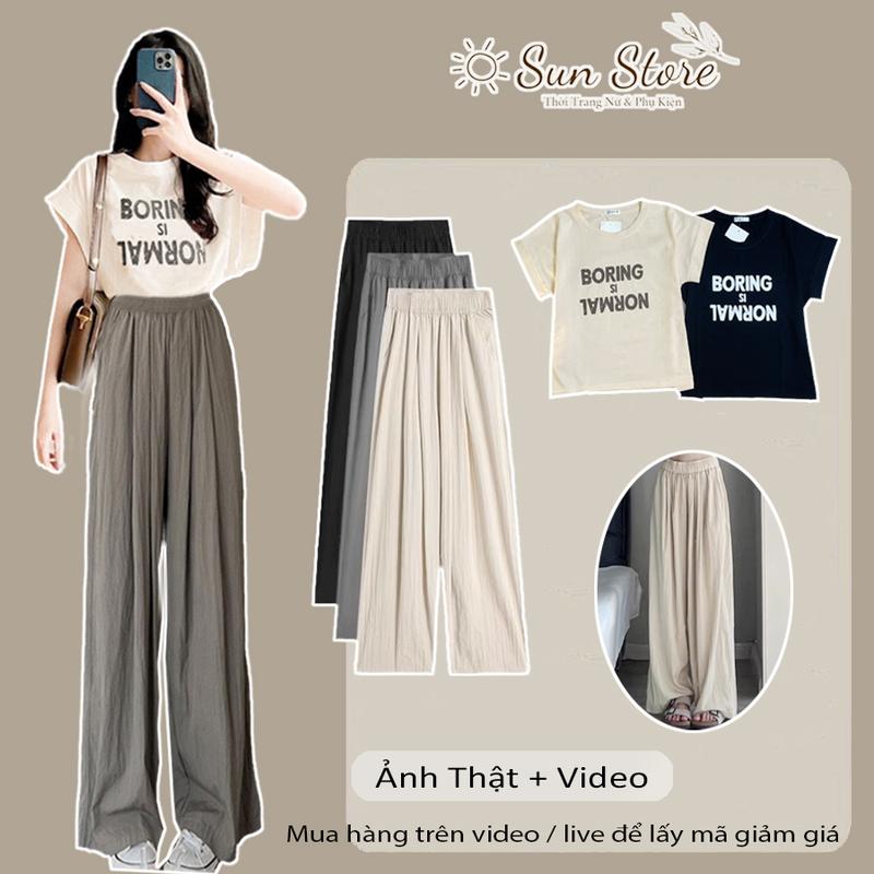 Bộ nữ quần suông ống rộng cạp chun vải đũi mát thoải mái mix áo thun tay cánh dơi trẻ trung năng động Women Top Ong