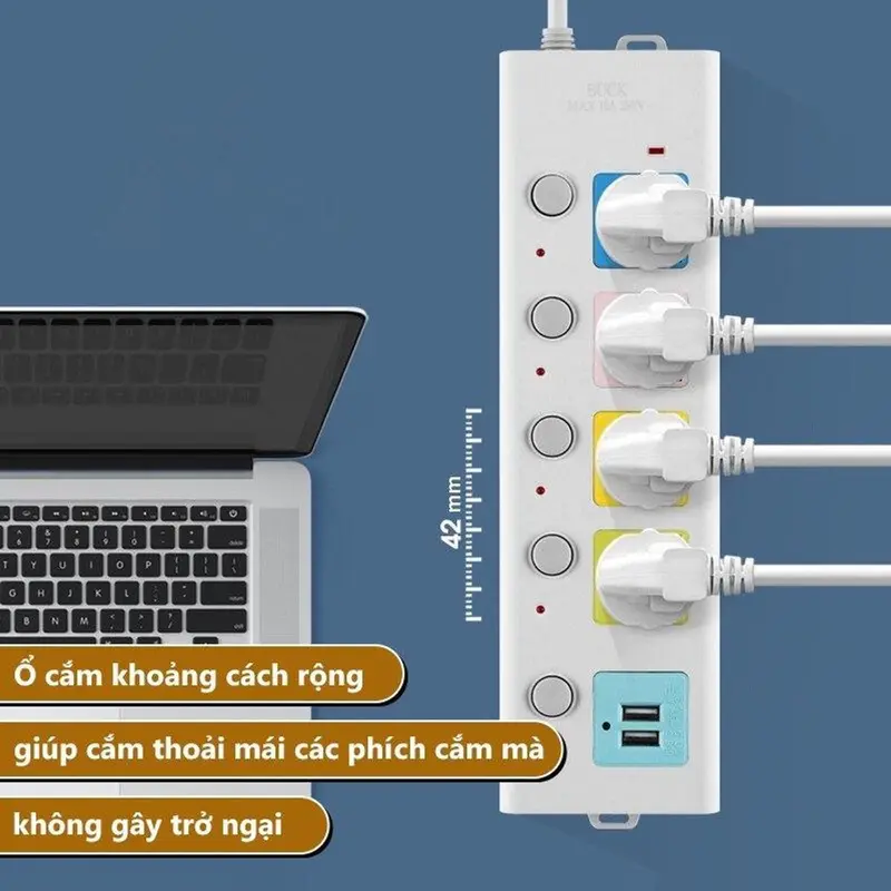 Ổ Cắm Điện USB Đa Năng Cao Cấp OCD01 Chống Giật Dây Dài, 2 Cổng Cắm USB với 4 ổ cắm Có Chốt An Toàn Tiện Dụng 5