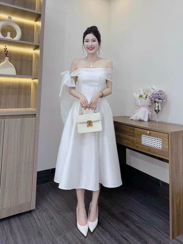  Đầm thời trang nữ mặc đi tiệc chất tapta trễ vai phối nơ 1 bên tay bo eo dáng dài xoè maxi sang chảnh 