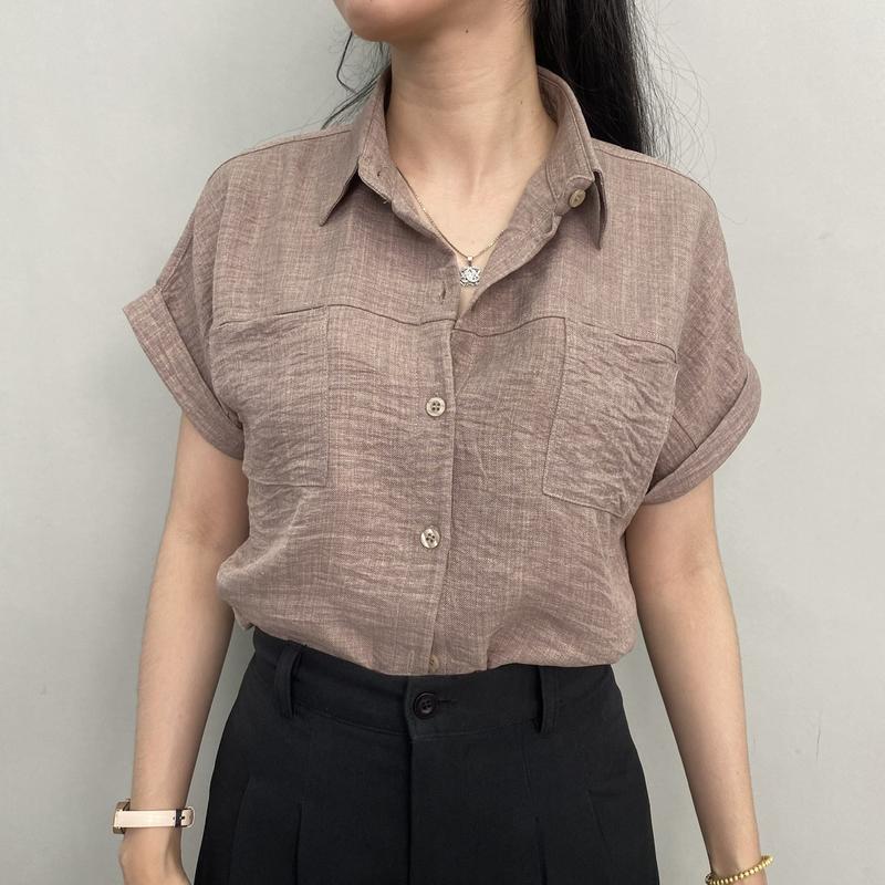 Áo Sơ Mi Nữ Tay Hến Phom rộng Chất Đũi Jean 2 Túi, AMI69 1