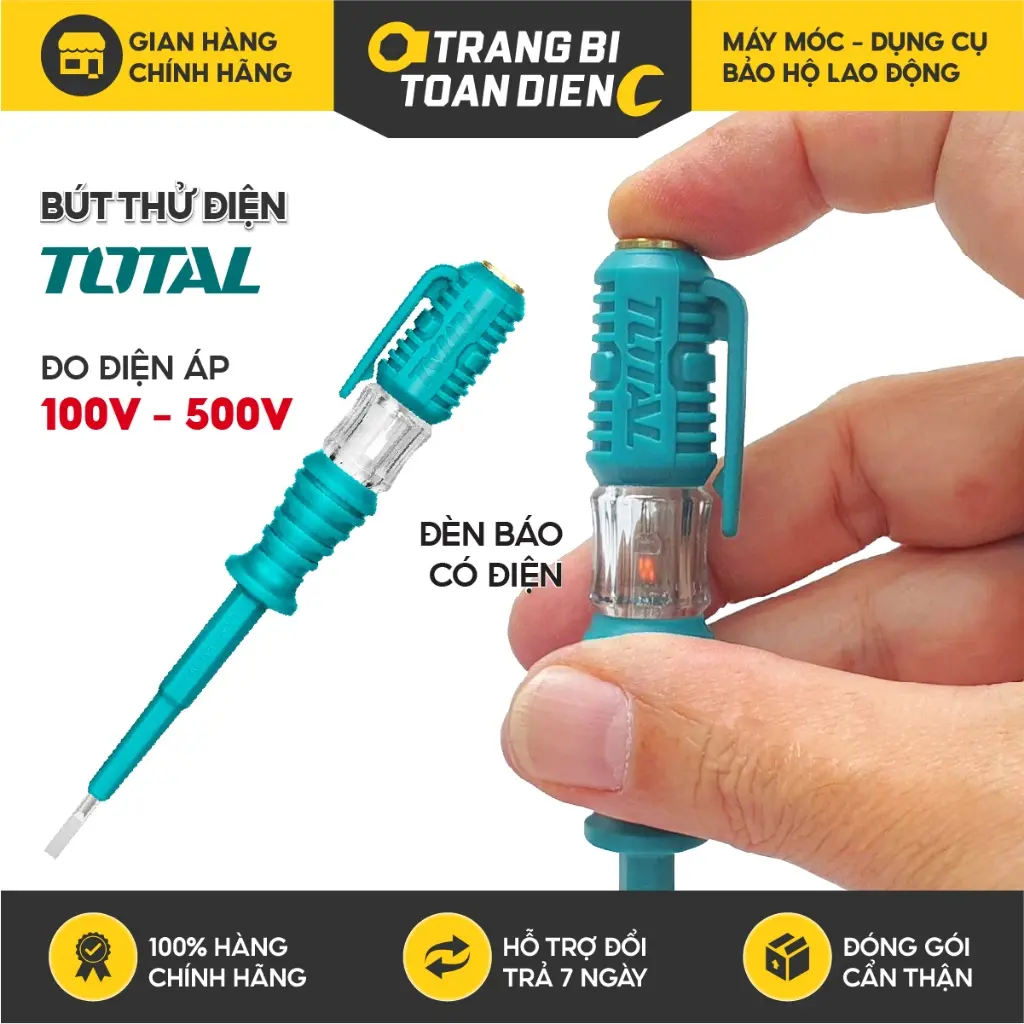 Bút thử điện Total, sử dụng điện áp AC 100V - 500V, kích thước 3 x 140mm, vít thử điện thông minh, chính hãng