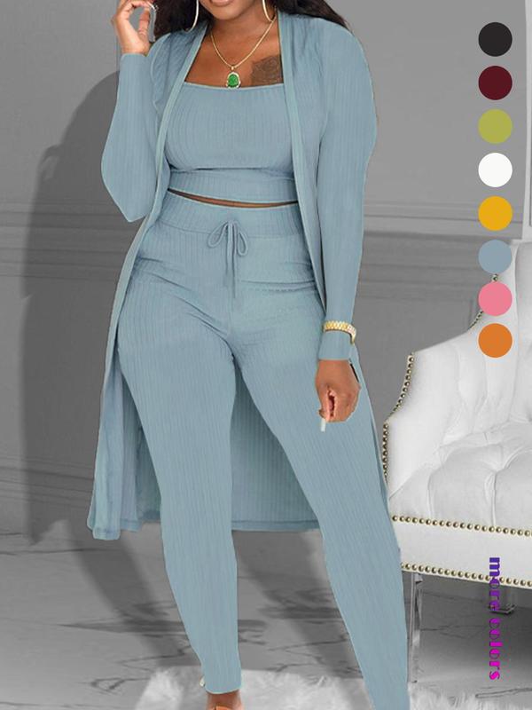 Women's Plain Long Sleeve Open Front Cardigan & Tie Front Leggings & Sleeveless Cropped Top Set, Casual Chic Elegant Fashion Cozy Breathable Women's Lounge Outfits for Fall, Ladies Fall Co-ord Sets, Womenswear 3
