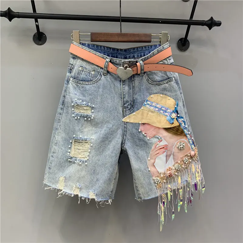 Quần Short Denim, Dành Cho Nữ, Đồ Thủ Công Nặng, Họa Tiết Làm Đẹp, Tua Rua Và Đính Cườm, Thiết Kế Làm Cũ, Quần Dài Trung Bình Ống Thẳng, Hợp Xu hướng, Hàng Bán Chạy, Hàng Đầu, 3890 Phản Hồi Tích Cực