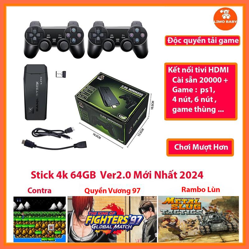 Game Stick 4k 64GB HDMI Cài sẵn 20000 game kết nối Tivi  kèm 2 tay cầm không dây Máy Chơi Game Chơi Điện Tử Chip xịn