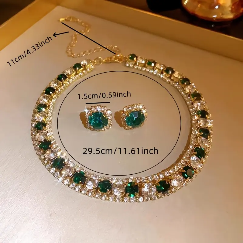 Green Rhinestone Necklace & Earrings Set for Women, Elegant Ball Party Clavicle Chain Accessories, Sparkling Gift Set 2