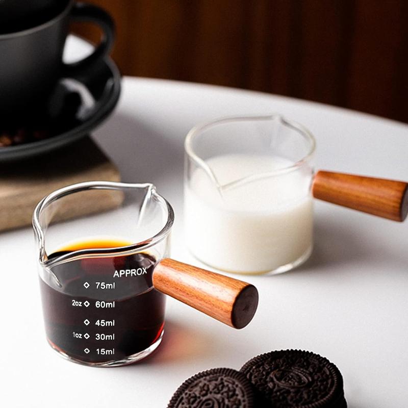 Product Introduction of 1/2pcs 100ML Double Spout Coffee Milk Glass Pot with Wood Handle Cute Measuring Frothing Pitcher Latte Cup for Barista Coffee Making 4