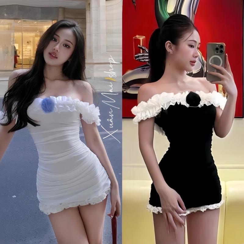 XuanMai Shop Đầm BODY TRỄ VAI BÈO nhúm ngắn đệm mút Màu Trắng Tinh Khôi 2 Lớp Vải Che Khuyết Điểm Tạo Điểm Nhấn Nữ Tính Dịu Dàng