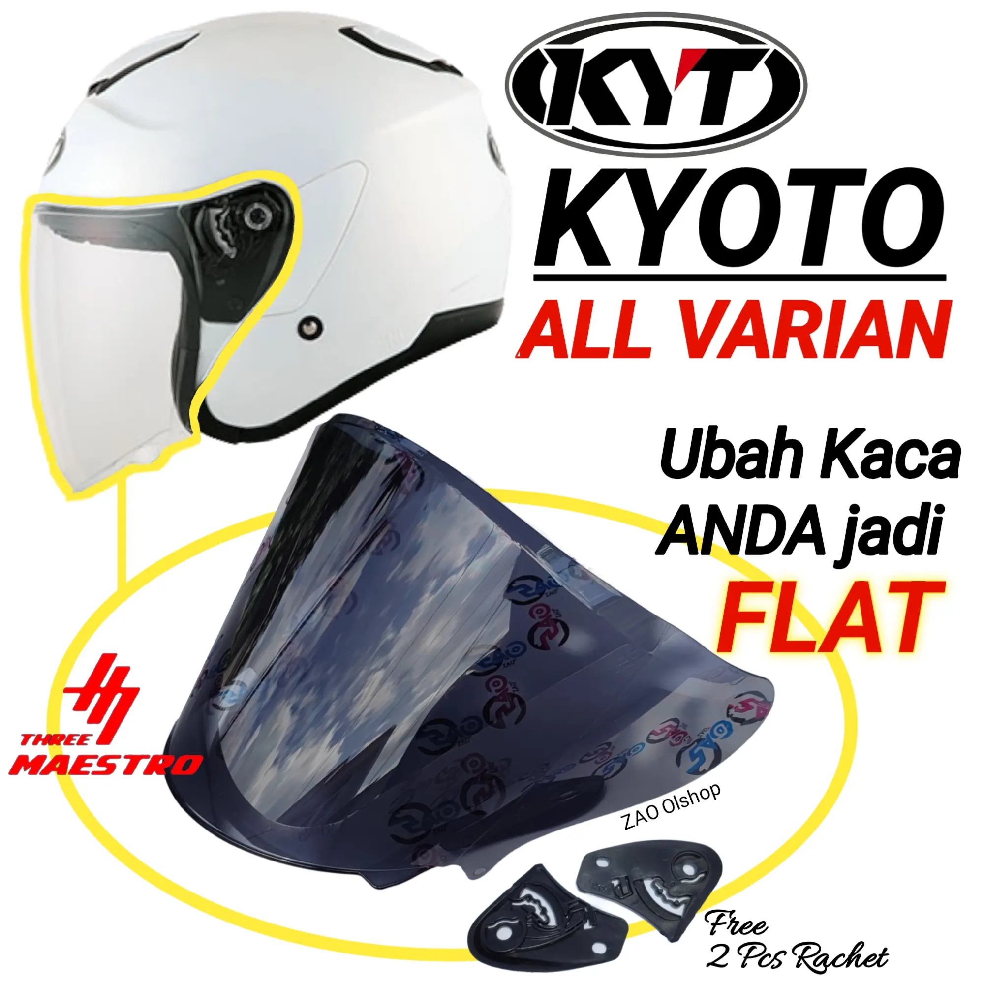 Kaca Helm KYT KYOTO Helmet FLAT venom open kyt helmet original kyoto visorflat  real datar tebal nyaman iridium by Three Maestro tm3 Motorcycle Visor
