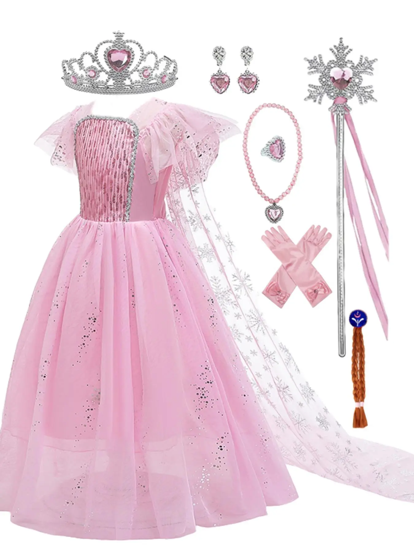 Girl's Princess Costume Set, Sequin Tulle Puff Sleeve Dress with All Accessories, Party Wear, Suitable for Christmas, Halloween, Daily Wear, Stage Performance, Cosplay