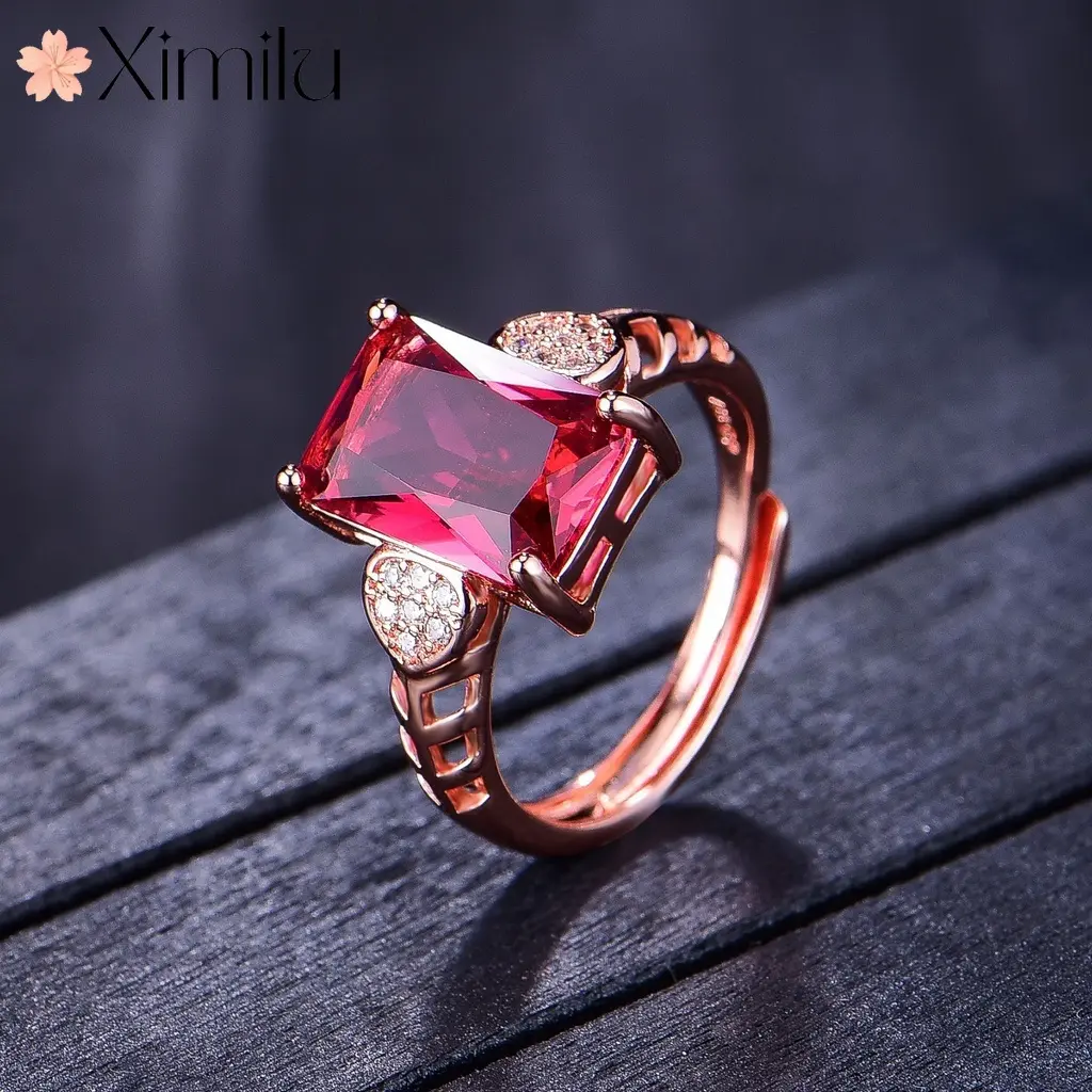 XIMILU Original Rectangular Red Rose Ring Girls Jewelry Ring for Women Korean Accessories Fashion Ring for Men Vintage Cute Couple Rings