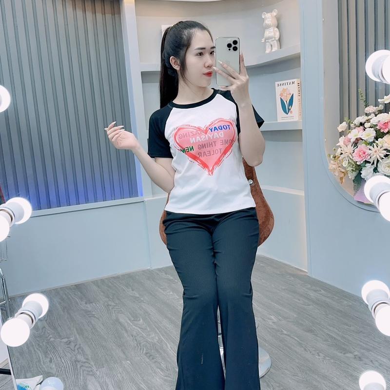 Sét Bộ Nữ In Hình Trái Tim Chất Thun Tăm Co Giãn Thoải Mái 1