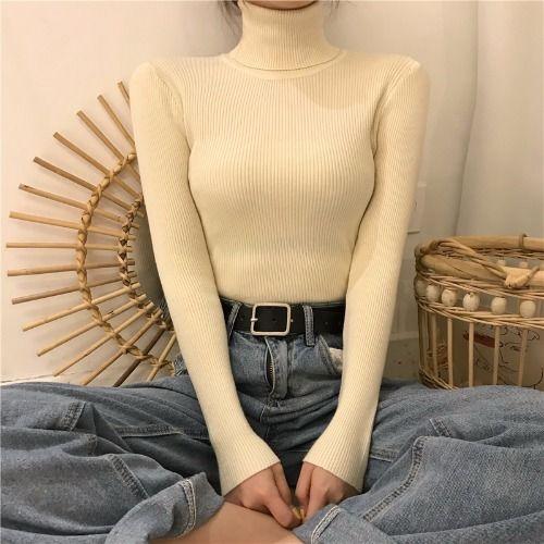 Áo Len Dài Tay, Phong Cách Hàn Quốc, Cổ Lọ Mỏng, Màu Trơn Co Giãn, Ôm Sát, Áo Mặc Trong 3