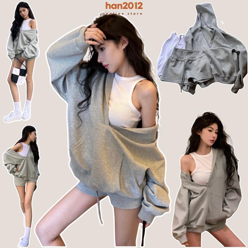 Set đồ nữ 3 món hot trend sang chảnh quần đùi- Sét áo croptop ôm + áo hoodie cổ v dáng rộng có mũ + quần short cạp chun Women Bo Chun thường set váy sét váy set áo nỉ trễ vai