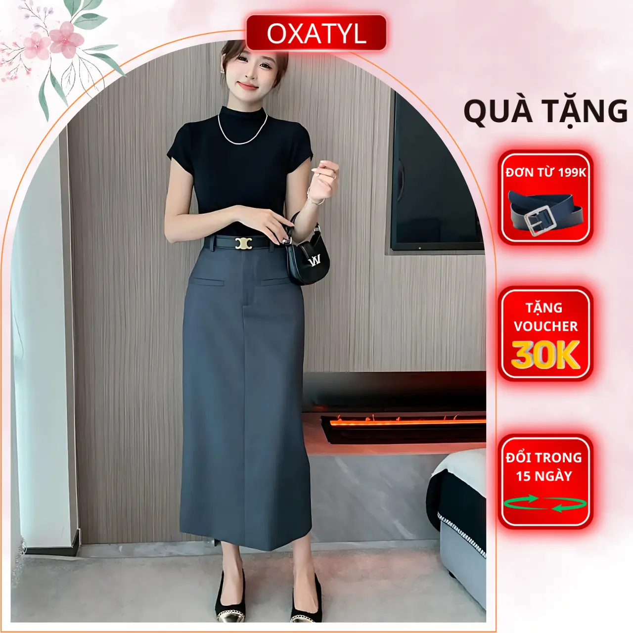 Chân váy xuông ép mùng cao cấp dài 80cm kèm đai Oxatyl V56 váy công sở dáng dài kèm đai