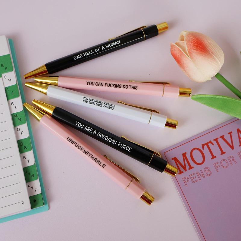 Product Introduction of Motivational Letter Pattern Ballpoint Pen Set, 5 Counts/set Creative Funny Slogan Ballpoint Pen, Writing Pen for Office School Student 5