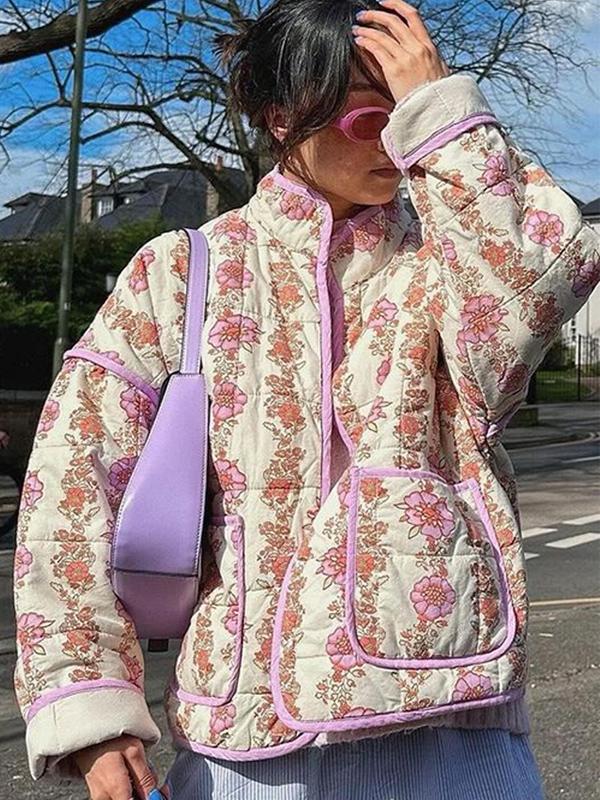 Women's All Over Print Pocket Drop Shoulder Quilted Jacket, Boho Long Sleeve Open Front Outerwear for Fall & Winter, Ladies Clothes for Daily Wear 1
