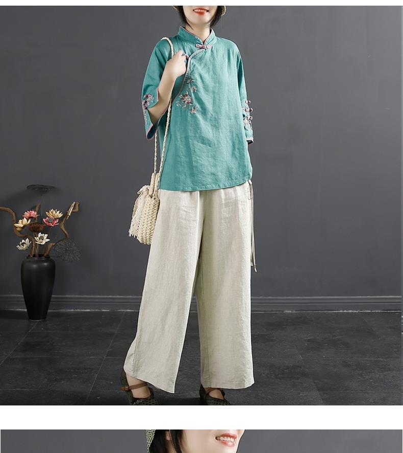 Product Introduction of Oemg2024 Summer New Chinese Style Retro Cotton and Linen Shirt Women's Chinese Style Stand-up Collar Frog Button Top Embroidered Cotton Tea Clothes 15