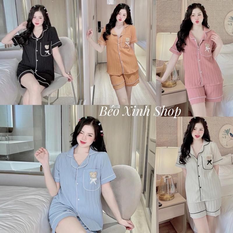 Đồ Bộ - Đồ Ngủ Đùi Cổ Sen 2 Túi Thêu Họa Tiết Pijama Bigsize 50-100kg Vải Đũi Xốp Nữ Women Quần Ngủ Áo Ngủ - A.5017