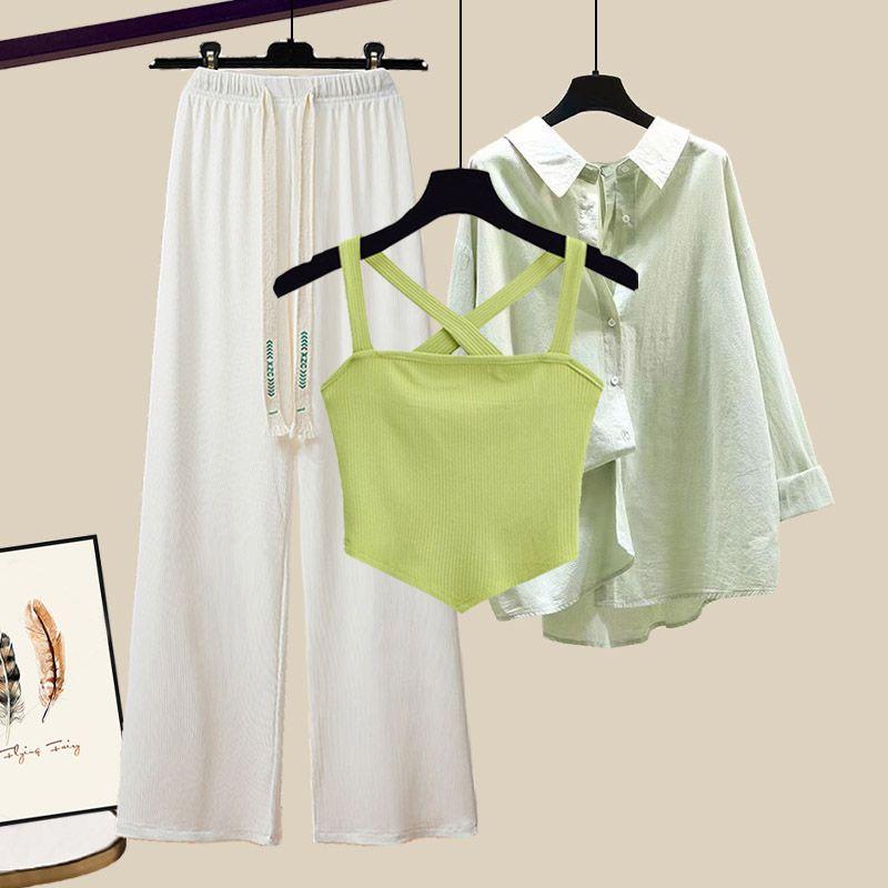 Product Introduction of plus Size Women's Summer Suit Female 2024 New Slim Korean Style Shirt Cross Tank Top Wide Leg Pants Three-Piece Suit Suit 18