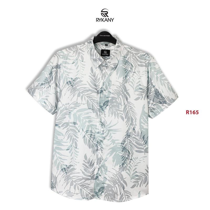 Áo sơ mi nam tay ngắn lá xám nền trắng, vải LỤA THÁI, co giãn, mềm mịn mát, hoa văn khớp hình khi mặc (R165) Menswear Shirt