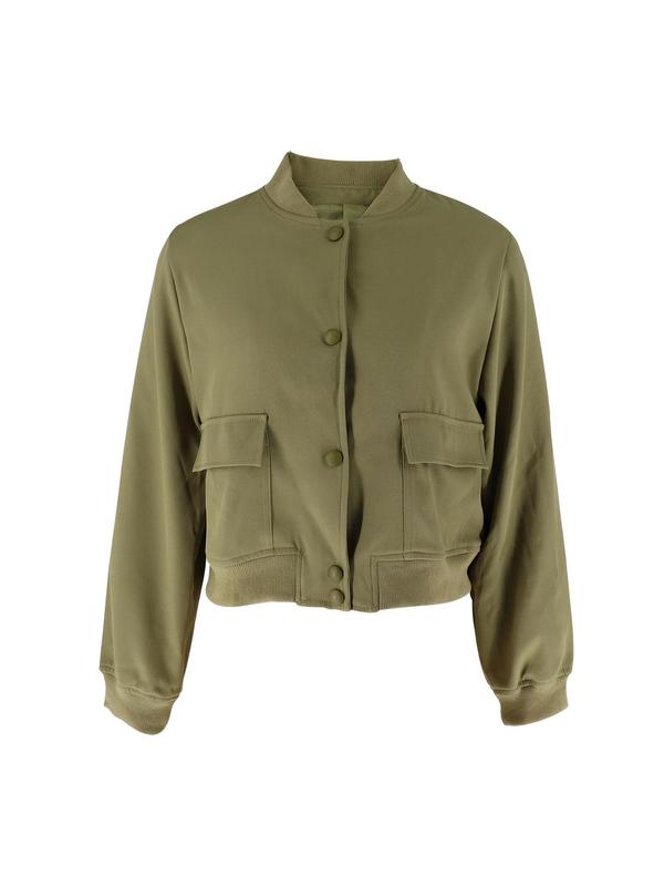 Women's Plain Flap Pocket Crop Bomber Jacket, Designer Jacket, Casual Comfort Long Sleeve Button Front Varsity Jacket, Lady Outerwear for Daily Wear, Womenswear, Coat, Winter Top, Longsleeves Tops for Women, Womenswear 5