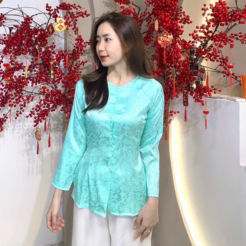 CẢ BỘ BÀ BA - ÁO VẢI GẤM VÂN HOA - TAY DÀI CỔ TRÒN - QUẦN LỤA SATIN 3