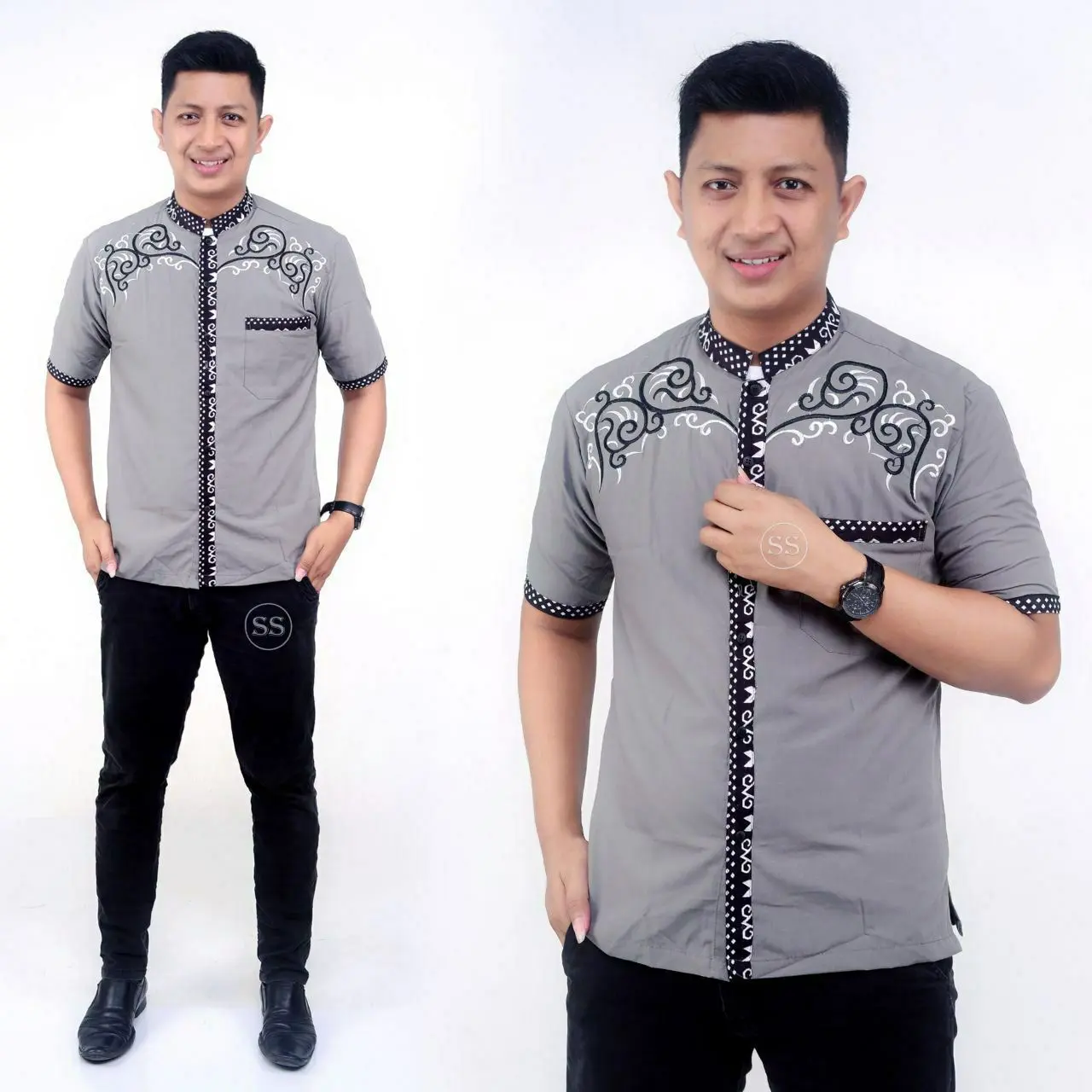 Baju Koko Pria Dewasa Lengan Pendek Kombinasi Batik Terbaru Fashion muslim Bordir Kain  Katun Nyaman grosir  Mewah Formal Keluarga Manset Samping Panjang