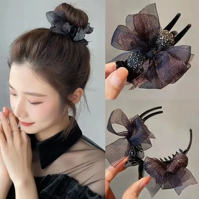 Kẹp tóc nữ càng cua dài đính hạt lấp lánh kèm nơ voan sang chảnh KEP19 0