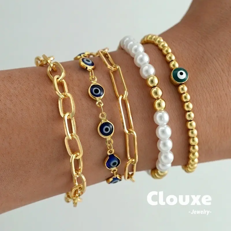 【Clouxe】Gelang Tumpuk Berbagai Perhiasan Susunan Mutia dan Mata Setan Bercorak emas F476