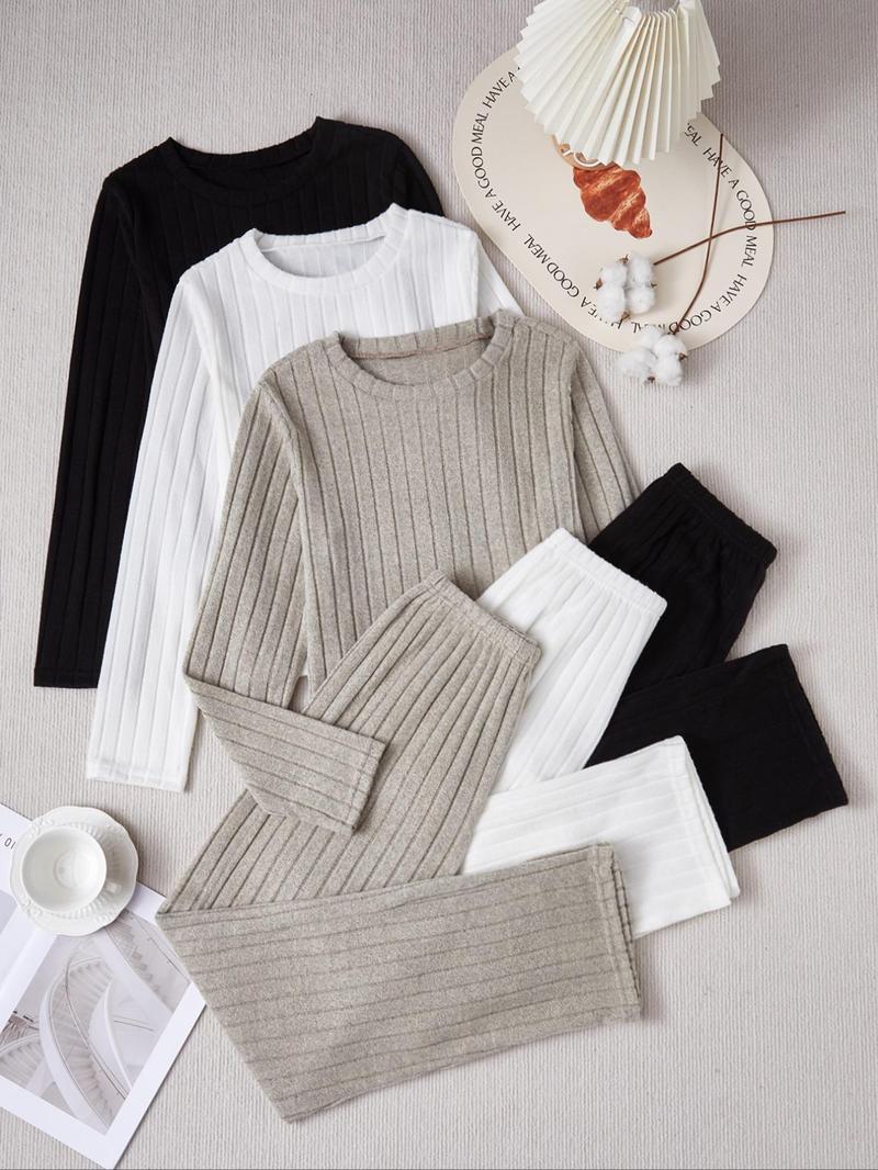 Product Introduction of Women's Solid Ribbed Tee & Elastic Waist Pants Pyjama Set, Casual Comfy Round Neck Long Sleeve Top & Trousers Pj Set, Women's Sleepwear for Fall & Winter 1