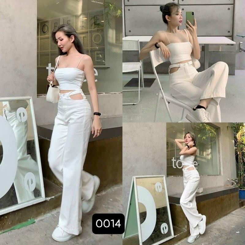 Quần jean khoét eo ống suông nữ ulzzang Lê Huy Fashion màu trắng MS 0014