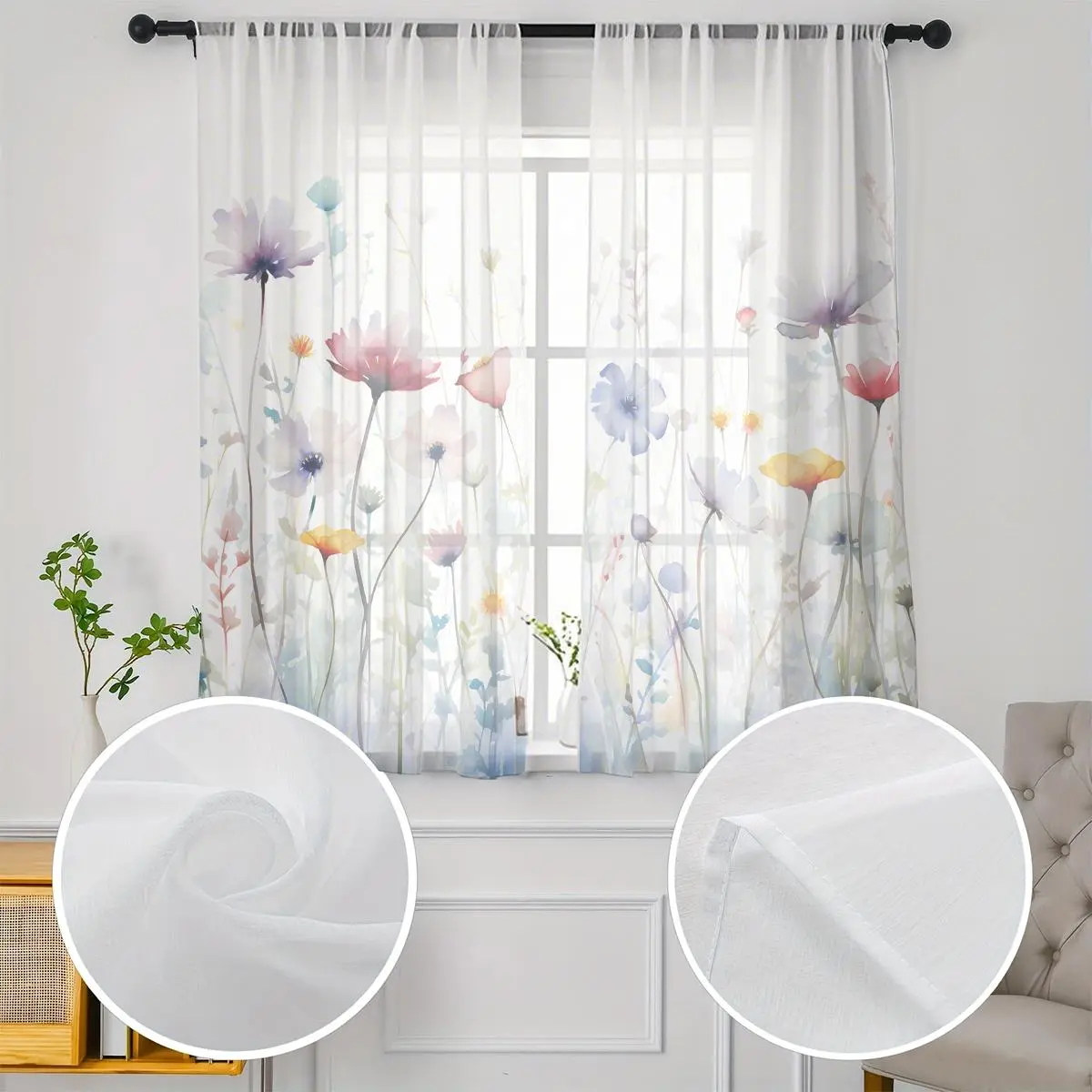 Floral Pattern Curtain, 2 Counts/set Modern Simple Window Curtain, Home Decorative Curtain for Living Room Bedroom Kitchen Office Coffee Shop