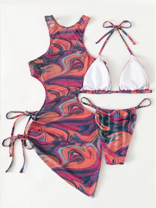 Women's All over Print Cut out Triangle Bikinis for Summer 2024, Drawstring Tie Back Halter Neck High Cut Swimwear Set for Summer, Swimsuit for Beach Holiday 5