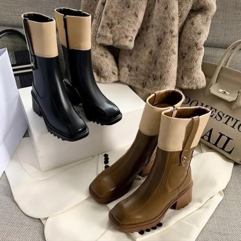  Boot cổ lửng chất da phối vải cổ gập siêu sang   fullbox  GiàY Shoes Nữ Nhung bốt 