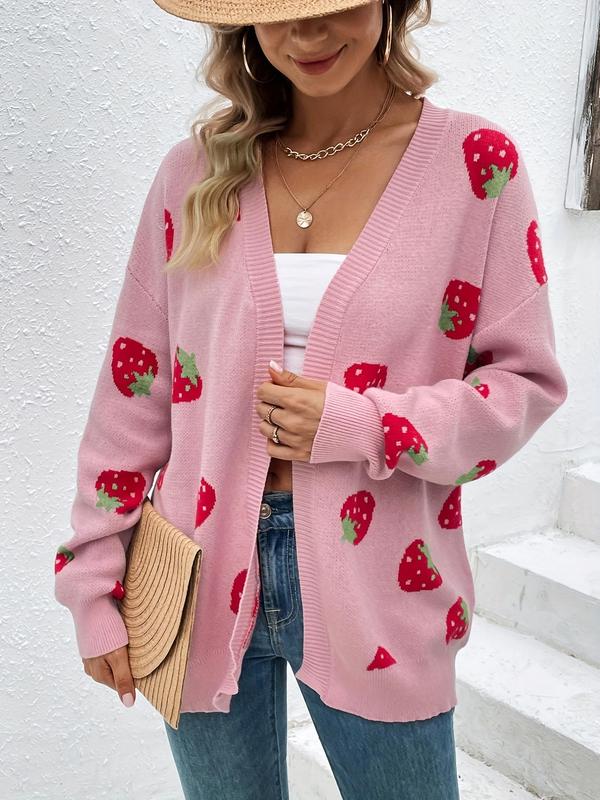 TikTok Shop Women s Strawberry Print Knitting Cardigan Y2k Casual Longsleeves Open Front Knitwear for Daily Galentines Party Wear Lady s Knitwear Tops for Fall Back To School Cardigan for Women Womens...