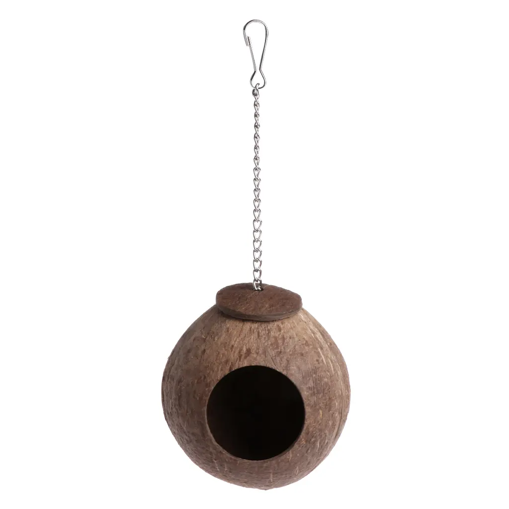 Natural Coconut for Shell Bird Nest House Hut Cage Feeder Toy with Hanging Lanyard for Pet Parrot Budgie