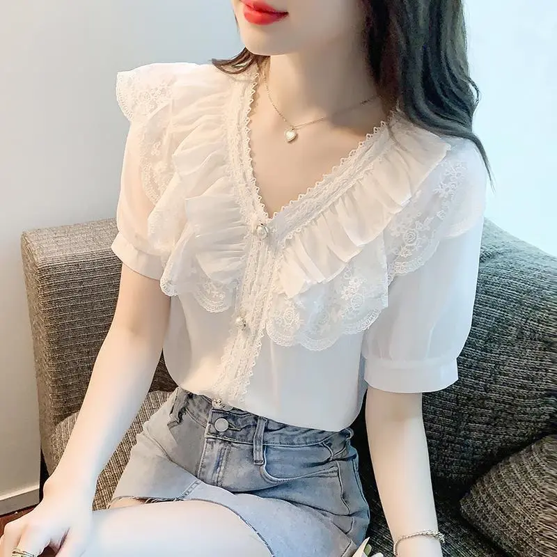 Áo Sơ Mi Voan Trắng Tay Ngắn Cổ Chữ V Ren Ngọt Ngào Mới Mùa Hè Nữ Women Top Shirt