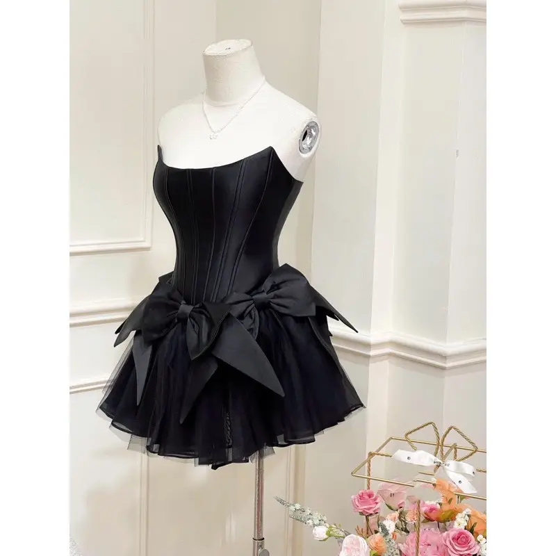 Đầm Cúp Ngực Nơ Corset Phối Váy Lưới Dự Tiệc 1